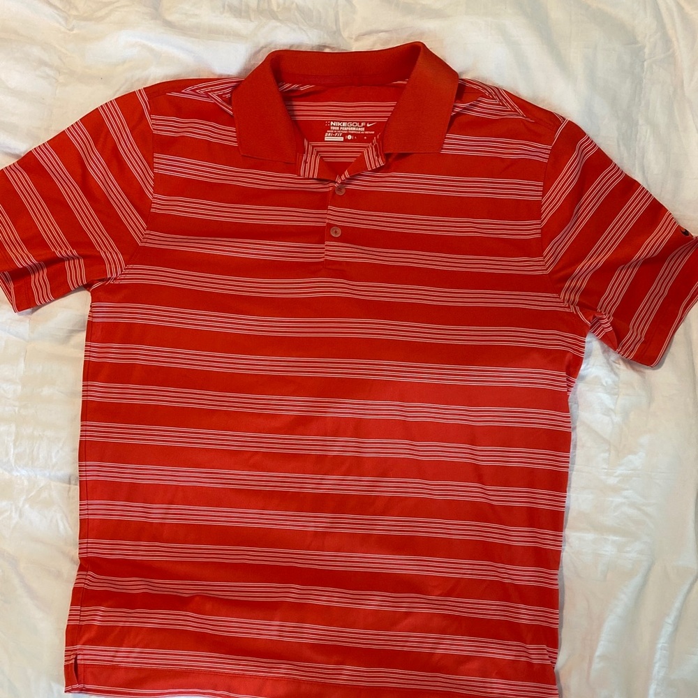 Men’s Nike Golf Tour Performance Red & White Striped Dry Fit Polo Shirt